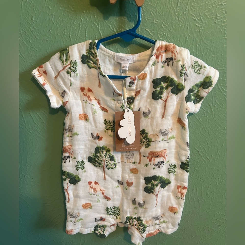 Angel Dear Nature Print muslin baby snap closure romper.